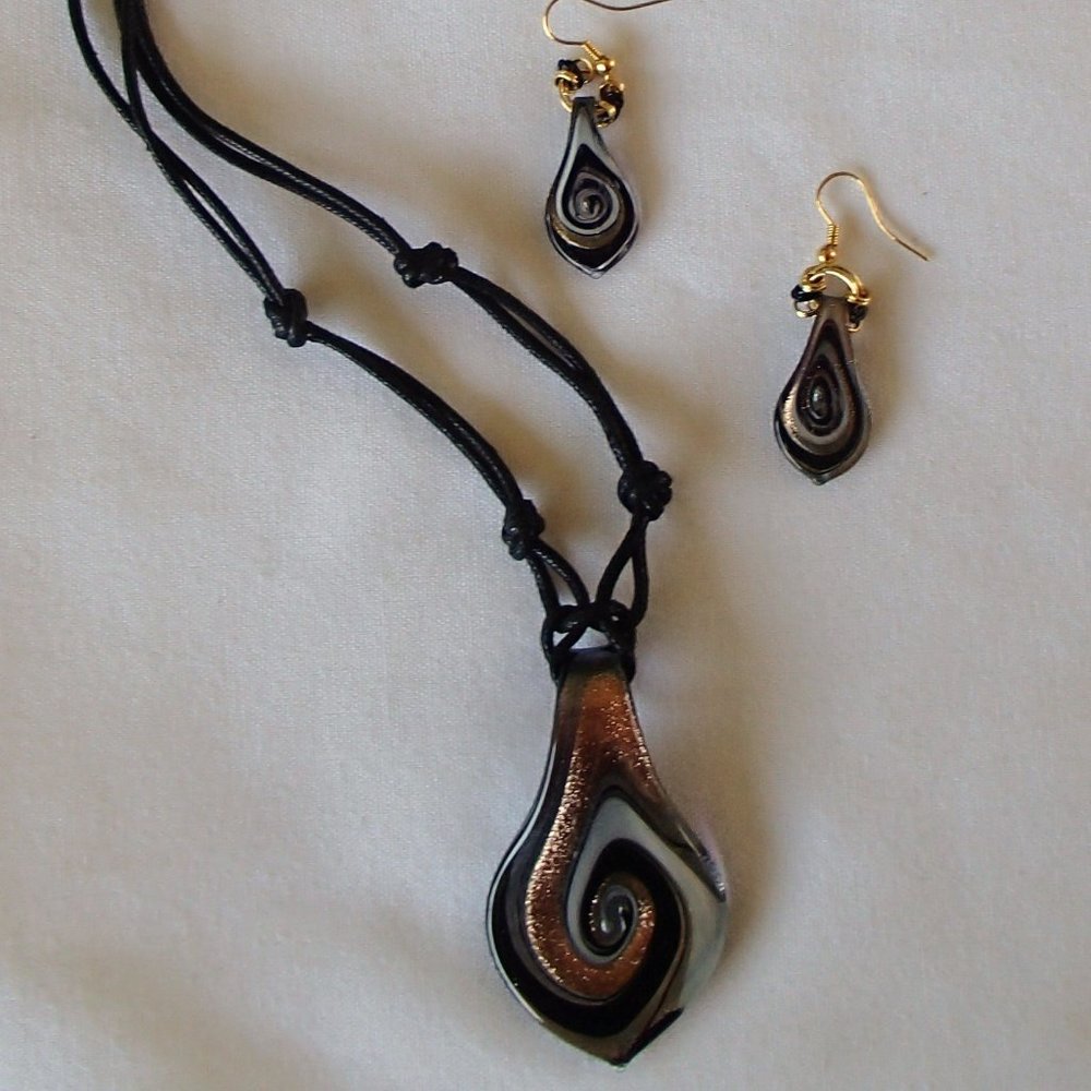 Dichroic Fused Foil Glass Pendant Earrings Handcrafted Set 2 Adjustable Blk Cord